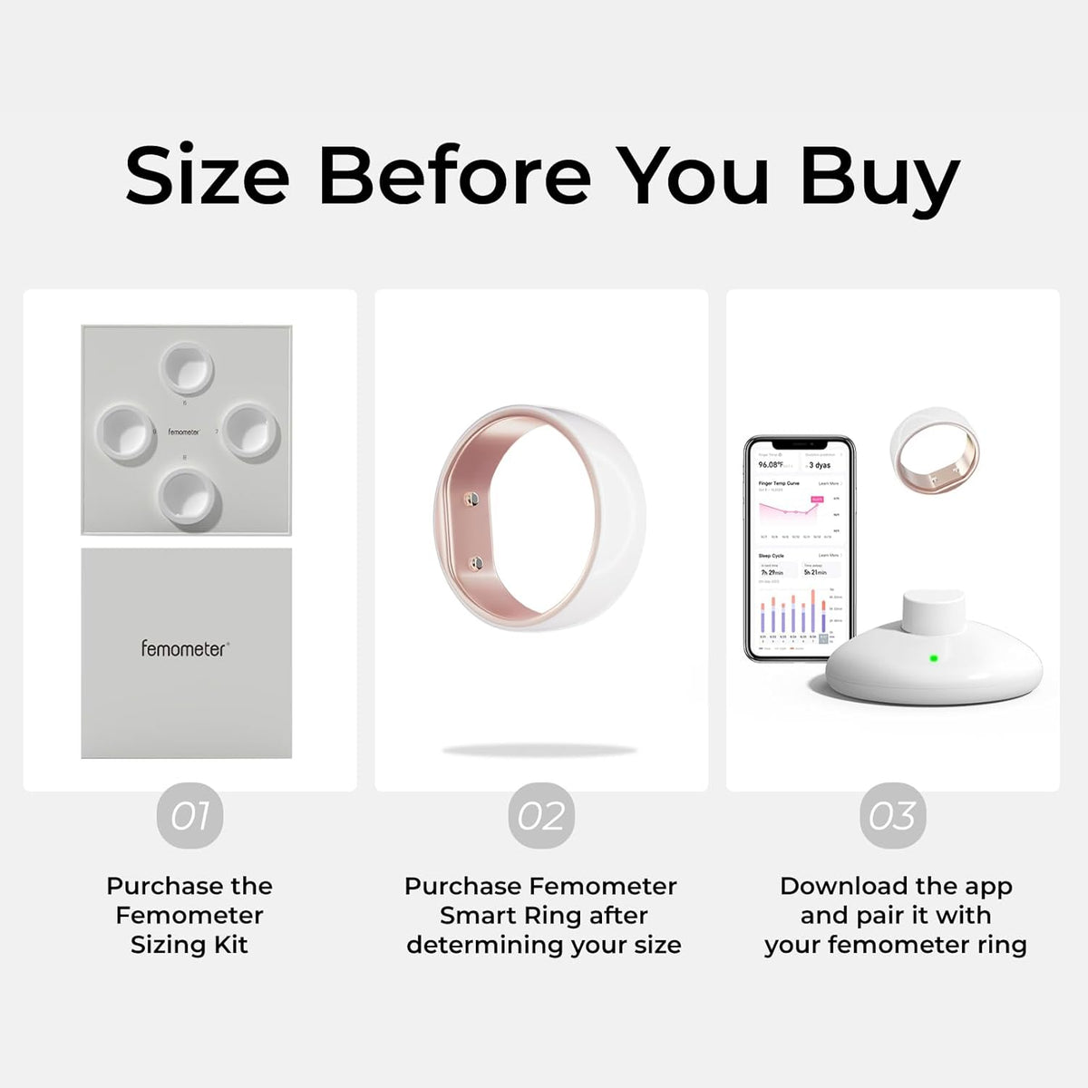 femometer Ring Gen1 for Fertility and Ovulation Tracking - Size First Sizing Kit - App Auto-Sync - Period & BBT Tracker - Sleep Analysis for Women - Rechargeable & Waterproof Size9