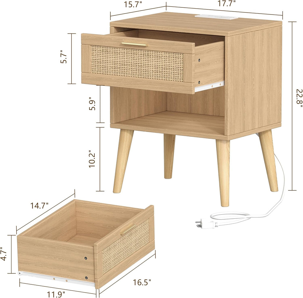 Keehusux 17.7" W x 15.7" D Rattan Nightstand Set of 2, Night Stand with Charging Station, Bedside Table with Open Shelf & Solid Wood Legs, Boho Night Stand with Drawer, End Table for Bedroom, Natural