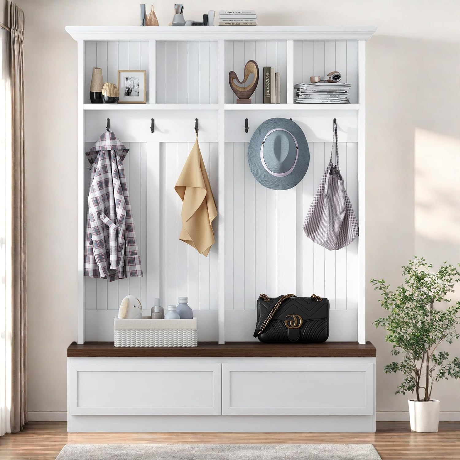 LUMISOL Mudroom Coat Rack with 2 Large Drawers, Entryway Hall Tree with Storage Bench, Farmhouse Shoe Cabinet with 6 Hanging Hooks, for Hallway, White