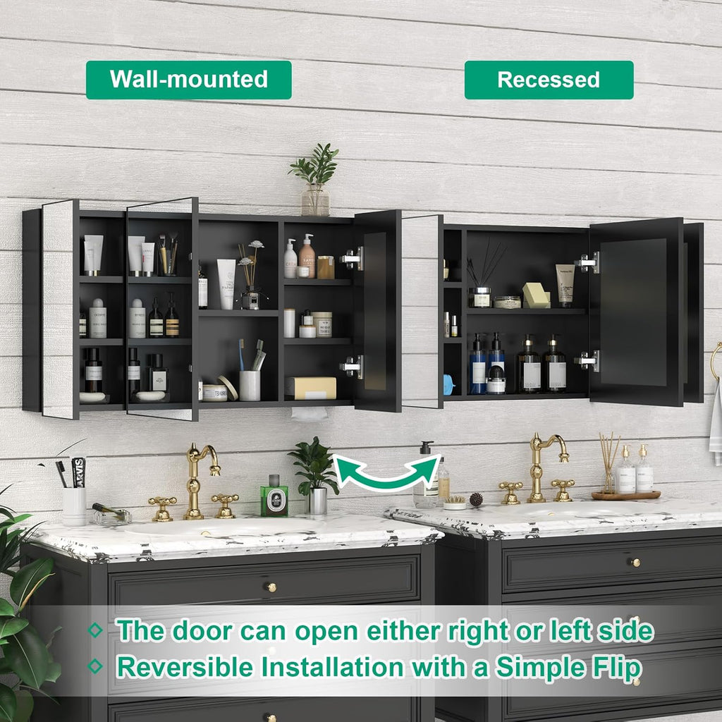 40 x 28 Farmhouse Medicine Cabinet, Tempered Frameless Bathroom Mirror with Storage, Black Recessed or Surface Mount Aluminum Medicine Cabinet for Bathroom Modern-Large