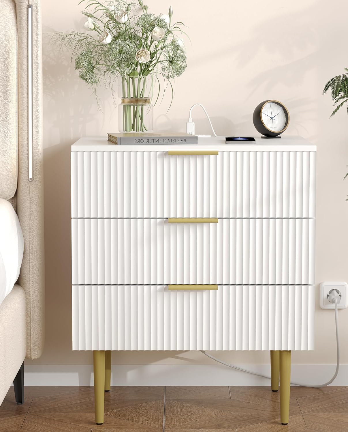 Akxomel 3 Drawer Nightstand with Charging Station, 23.2" W Large Fluted Night Stand, Modern Bedside Table with USB Ports and Outlets, for Bedroom, White and Gold