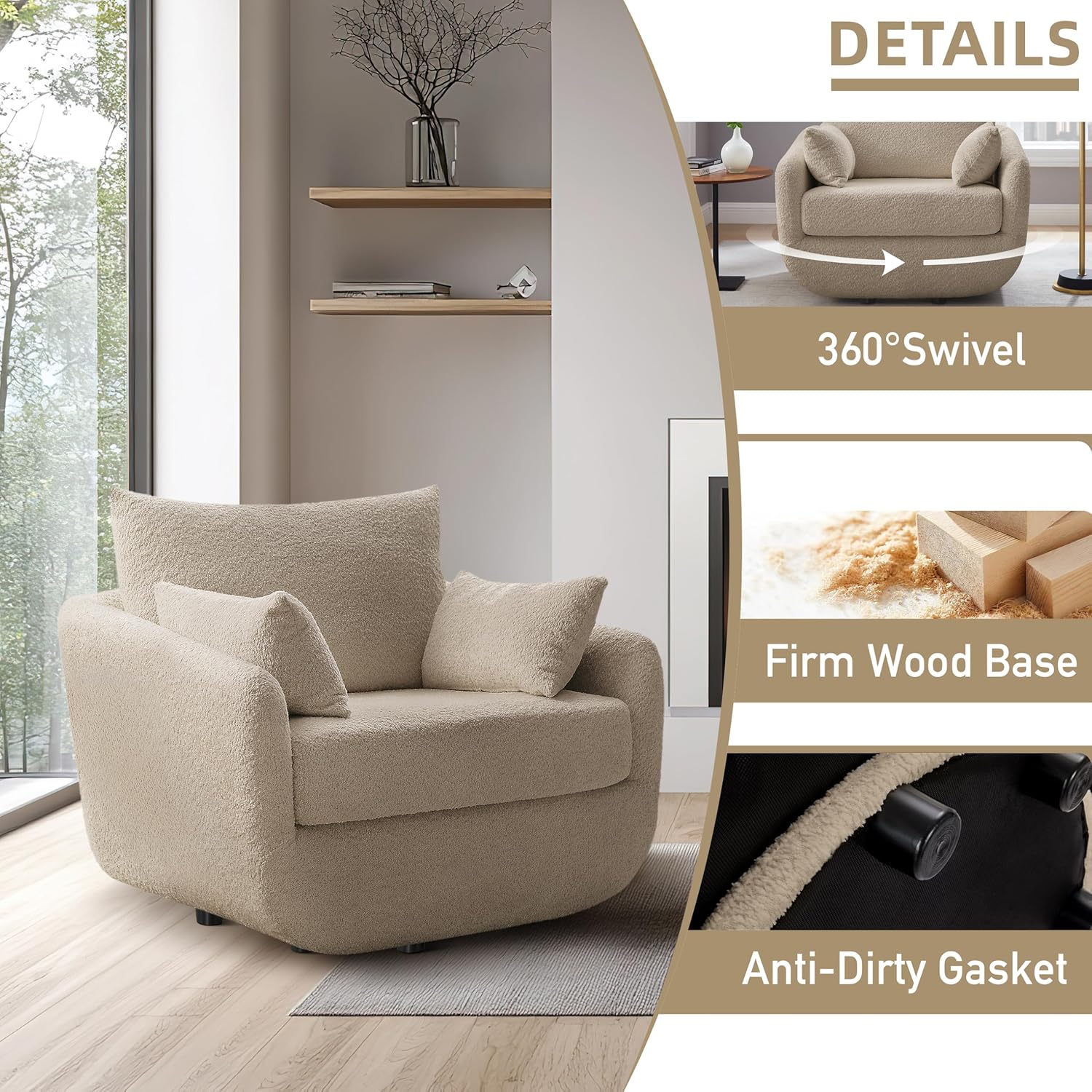 360° Swivel Accent Armchair, 39.3" Oversized, Sherpa Boucle Fabric Sofa Chair with Removable Back & Arm Pillows, Swivel Chair with Cozy Soft Padded (1, Camel)