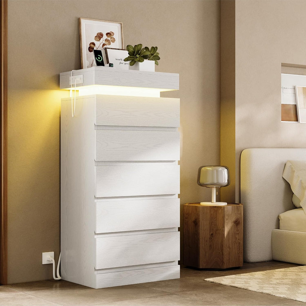 LIKIMIO 54" Tall 5 Drawer Dresser for Bedroom, White Dresser with LED Light and Power Outlet, Wooden Modern Chest of Drawers for Living Room, Entryway, Hallway