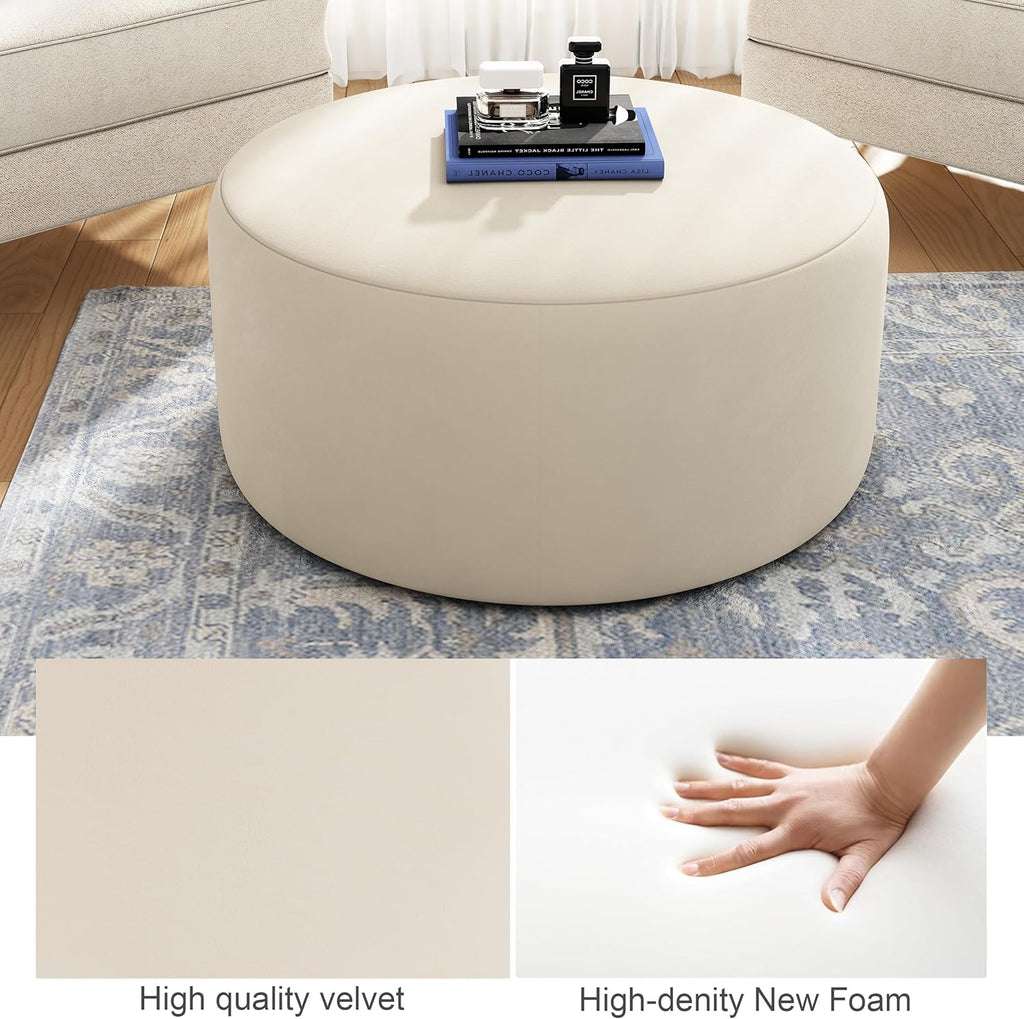 Christopher Knight Home 30" Ottoman Foot Stool Round,Velvet Pouf Footstool Ottoman Seat,Modern Side Table for Living Room Bedroom Home Decor,Cream