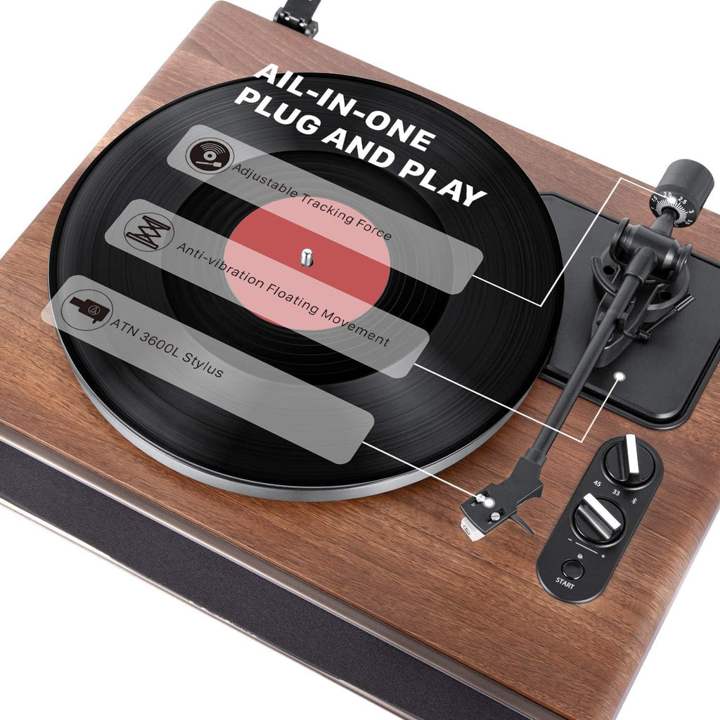 1 BY ONE High Fidelity Belt Drive Turntable with Built-in Speakers, Vinyl Record Player with Magnetic Cartridge, Wireless Playback and Aux-in Functionality, Auto Off