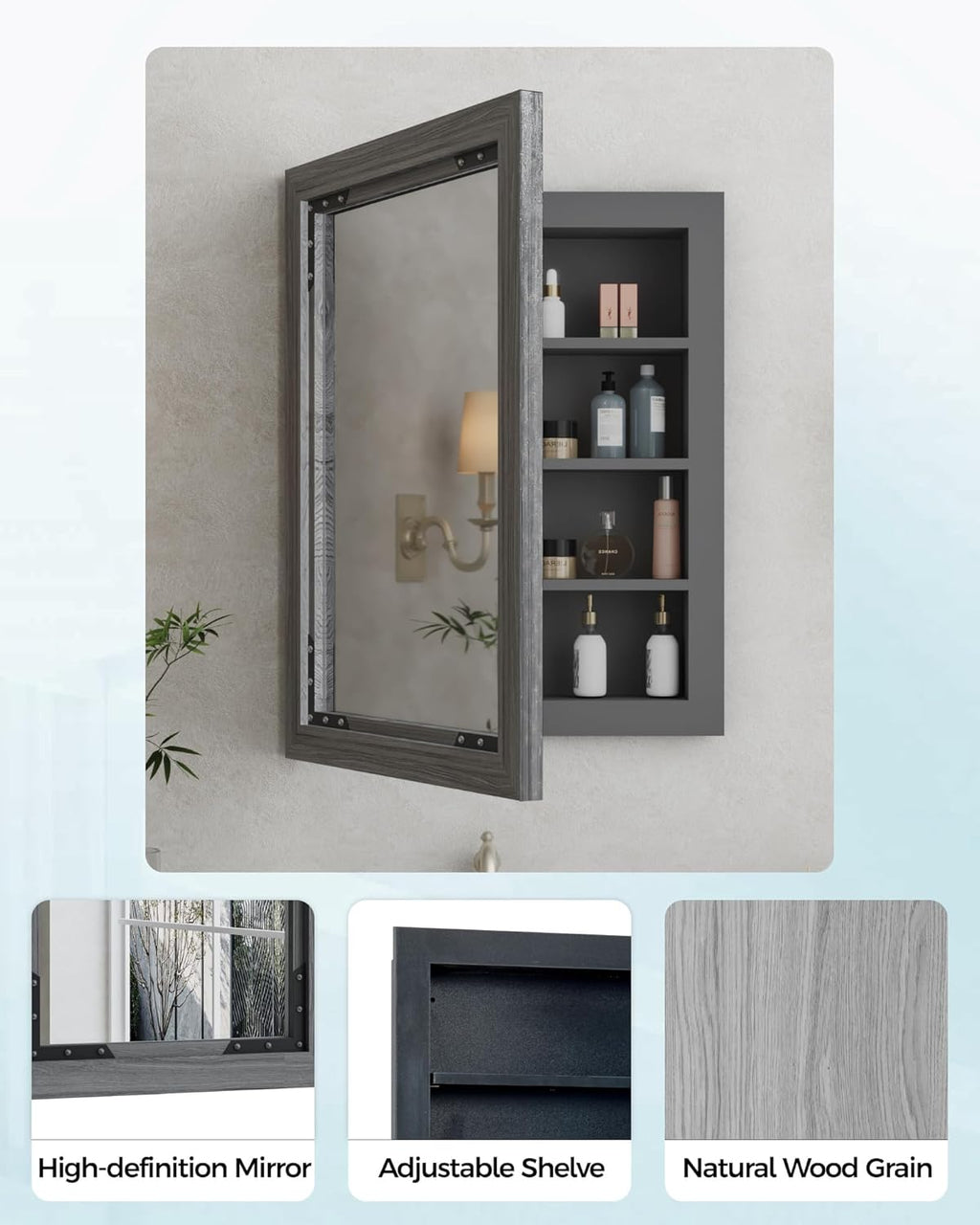 FLYJOE Medicine Cabinet Mirror 20 x 26 Inch Farmhouse Bathroom Mirror Door Solid Wood Storage Cabinet with Adjustable Shelves, Wall Mounted for Bathroom Living Room, Grey