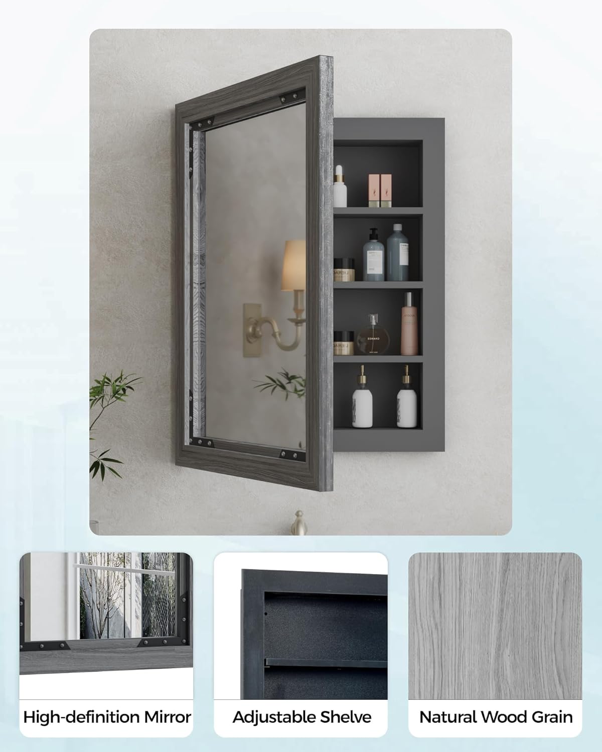 FLYJOE Medicine Cabinet Mirror 20 x 26 Inch Farmhouse Bathroom Mirror Door Solid Wood Storage Cabinet with Adjustable Shelves, Wall Mounted for Bathroom Living Room, Grey