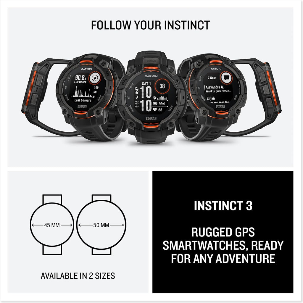 Garmin Instinct® 3 45mm, Solar Charged Display, Rugged Outdoor GPS Smartwatch, Metal-Reinforced Bezel, Built-in Flashlight, Black (Renewed)