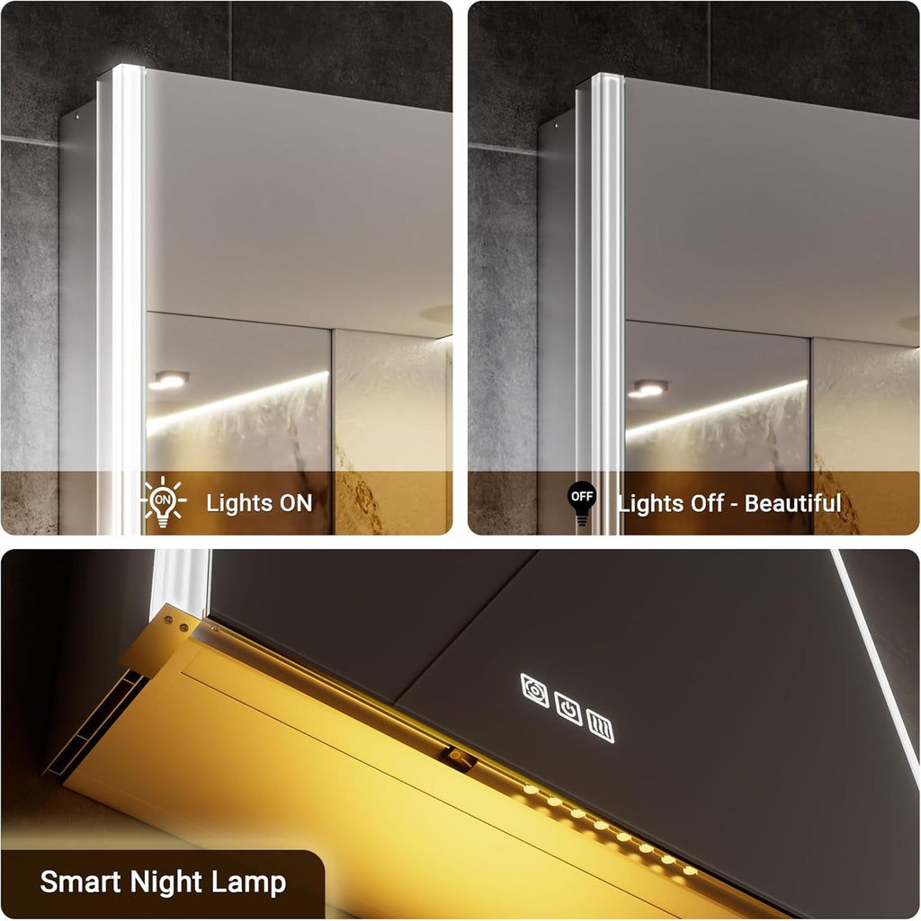 Lighted Medicine Cabinet Mirror with Lights & Smart Night Lamp -20x26 Surface or Recessed Medicine Cabinet Mirror with Outlet & Clock,Fogless Dimmable LED Storage Mirror,Built-in Sensor Light