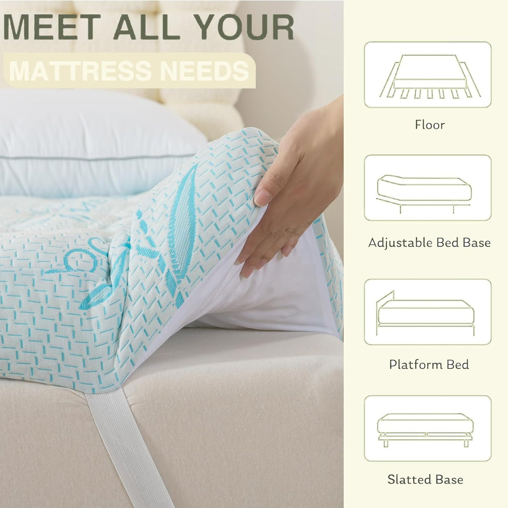 SHOUREN Memory Foam Mattress Topper Queen 4-5 Inch, 2100 GSM Pillow Top, Blue Bamboo-Viscose Cover, Plush Gel Memory Foam & 3D Fiber Fill, Elastic Straps, Machine Washable, 60x80