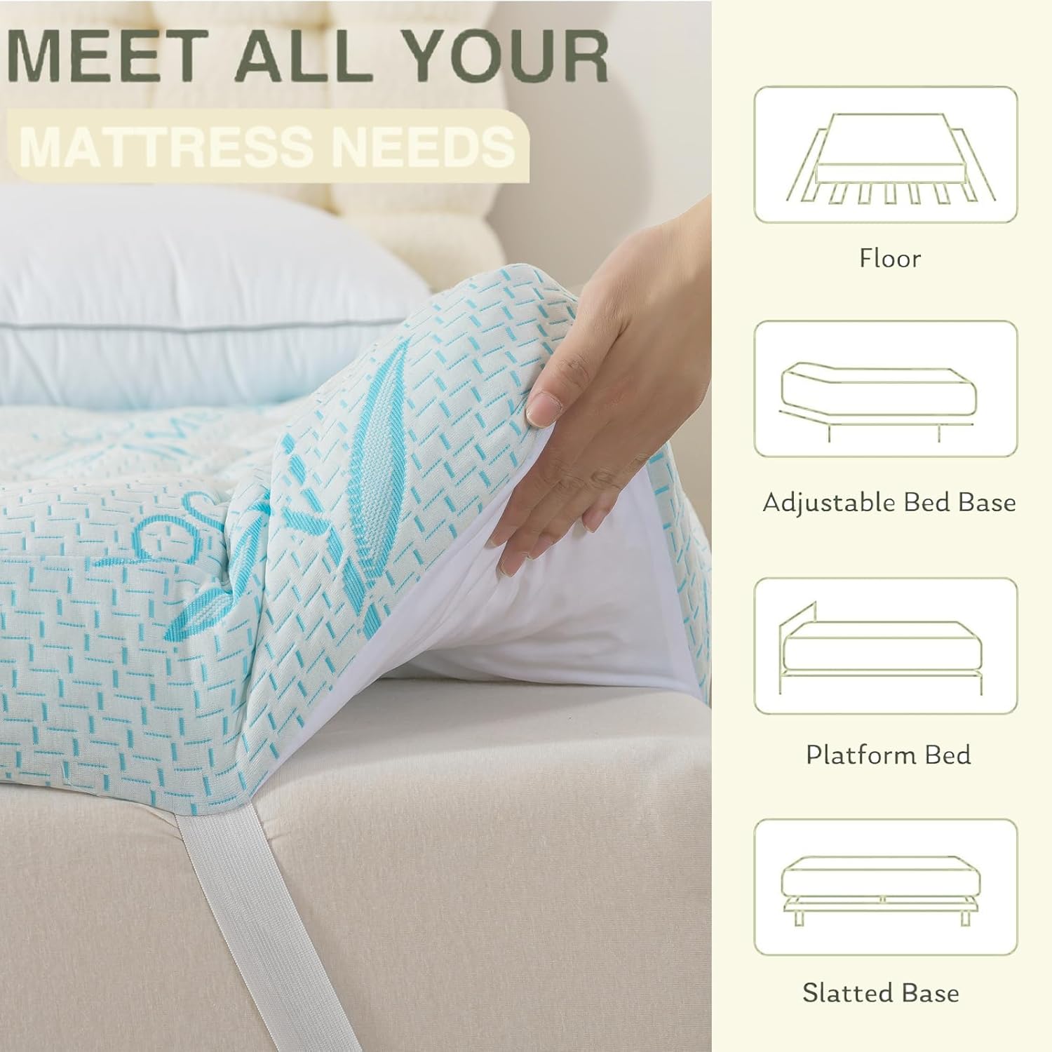SHOUREN Memory Foam Mattress Topper Queen 4-5 Inch, 2100 GSM Pillow Top, Blue Bamboo-Viscose Cover, Plush Gel Memory Foam & 3D Fiber Fill, Elastic Straps, Machine Washable, 60x80