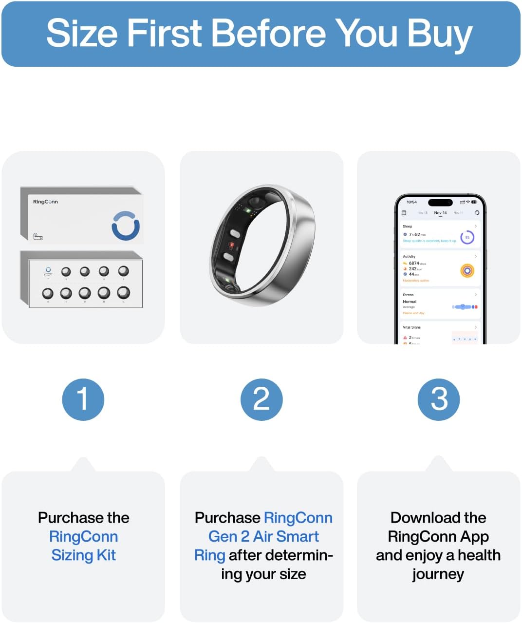 RingConn Gen 2 Air, Ultra-Thin AI Smart Ring, 10-Day Battery Life, Fitness/Sleep/Stress/HR Tracker for Women&Men, No App Fee for Standard Features, iOS & Android Compatible (Size 12, Galaxy Sliver)