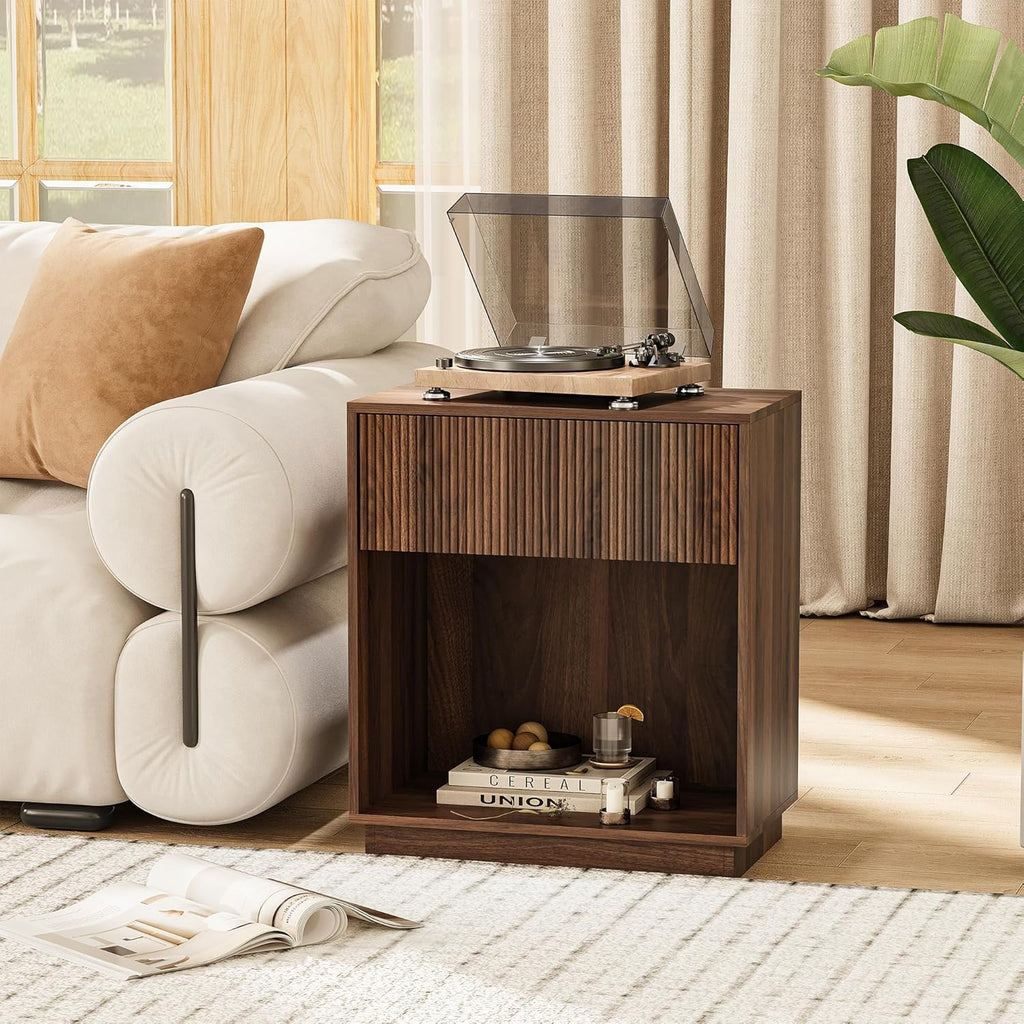 Fluted Nightstands Set of 2, Modern Bedside Table with Storage Drawer and Open Wood Shelf, Wood End Table Mid Century Night Stands for Bedroom Living Room Sofa Couch Office Walnut Brown