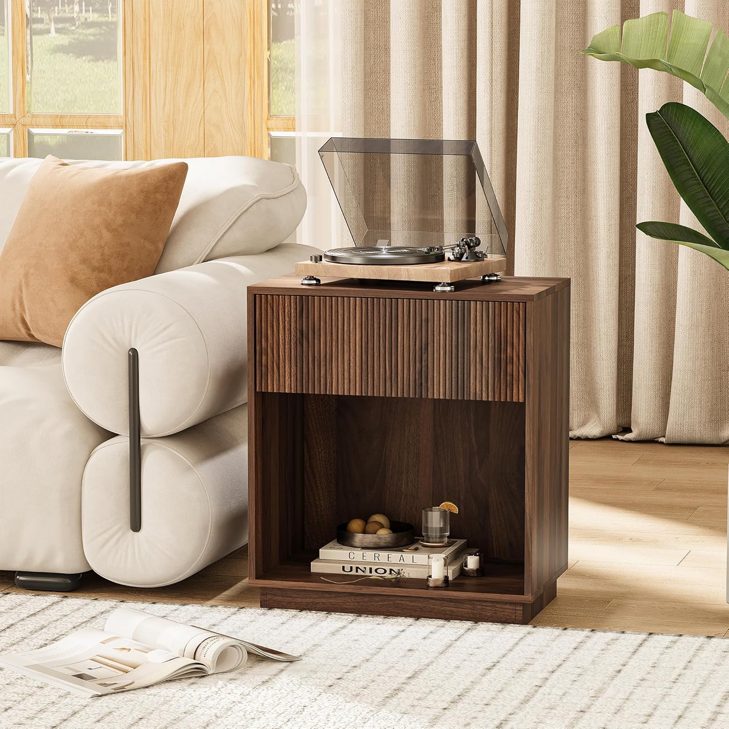 Fluted Nightstands Set of 2, Modern Bedside Table with Storage Drawer and Open Wood Shelf, Wood End Table Mid Century Night Stands for Bedroom Living Room Sofa Couch Office Walnut Brown