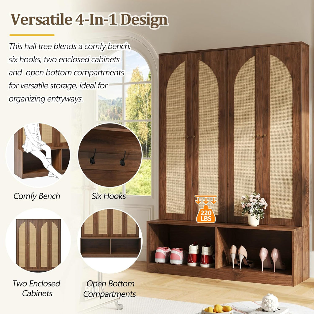 LUMISOL Wide Entryway Hall Tree with Storage Bench and 4 Rattan Doors, 78.7”H Farmhouse Entryway Coat Rack with 6 Hidden Hooks, 4-in-1 Mudroom Organizer with Adjustable Shelf, for Living Room, Walnut