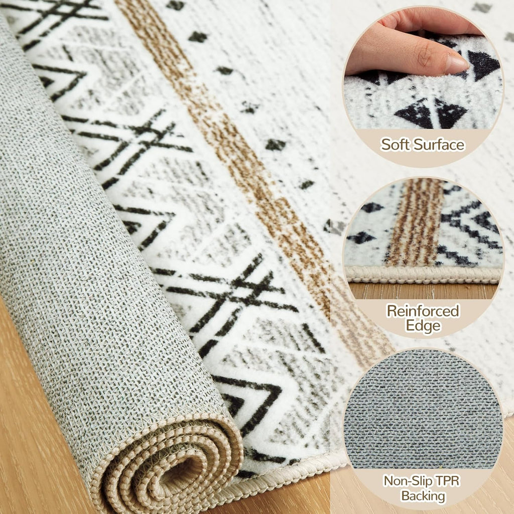 BESTSWEETIE 9x12 Area Rugs for Living Room Washable Moroccan Farmhouse Neutral Geometric Low Pile Non-Slip Soft Print Pattern Rug for Bedroom Kitchen Dining Room Entryway Black/Brown