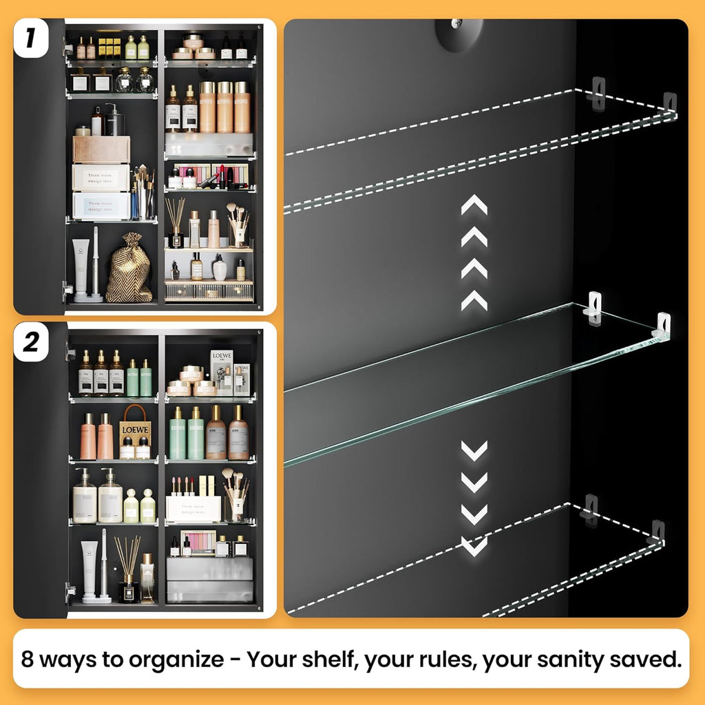 Silver Medicine Cabinet with Mirror 20x26 Inch, Anodized Aluminum Bathroom Cabinet, Rust Proof Recessed Wall Organizer, 6 Adjustable Glass Shelves, Soft Close, Modern Vanity Mirror