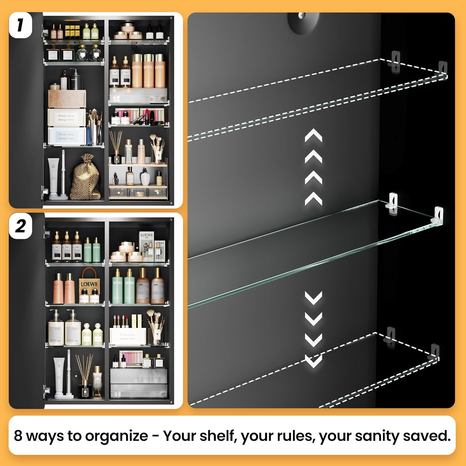Silver Medicine Cabinet with Mirror 20x26 Inch, Anodized Aluminum Bathroom Cabinet, Rust Proof Recessed Wall Organizer, 6 Adjustable Glass Shelves, Soft Close, Modern Vanity Mirror