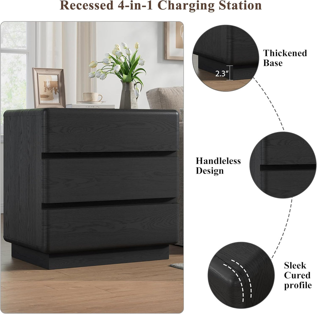 YANSNWO Black Nightstand with Charging Station, 23.6" Modern Night Stand with 3 Storage Drawers, Rounded Corner Design, Bedside Table with Reinforced Thickened Base for Bedroom, Living Room