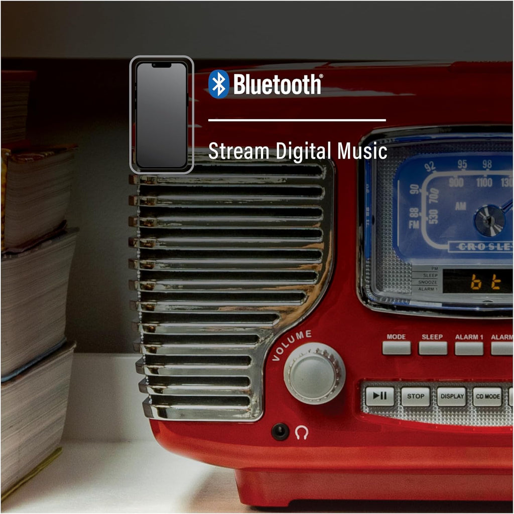 Crosley CR612B-RE Corsair Retro AM/FM Alarm Clock Radio and CD Player with Stereo Bluetooth Speakers, Red