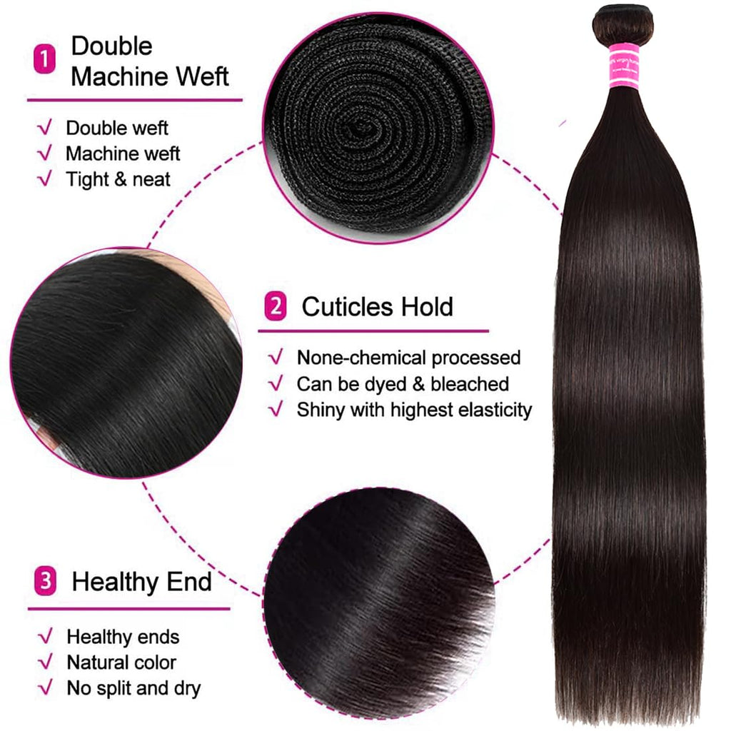 Straight Bundles Human Hair 22 24 26 28 Inch 4 Bundles Straight Hair 12A Double Weft 200% Density Hair Extensions for Women 100% Unprocessed Virgin Human Hair Weave Natural Color Black