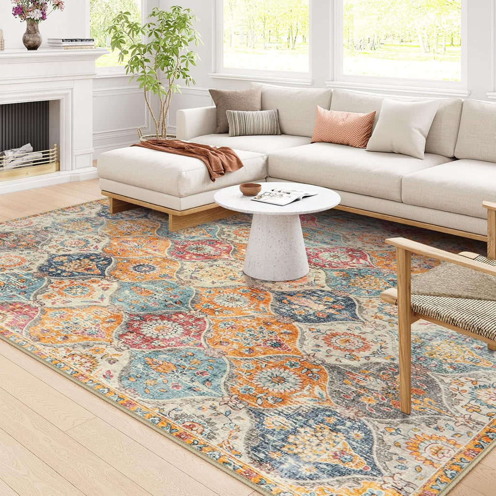 Lahome Moroccan Washable Area Rugs 8x10, 8x10 Rugs for Living Room Bedroom, Non Slip Low Pile Distressed Stain Resistant Rug for Kids Pets High Traffic Areas Elise, Burnt Orange