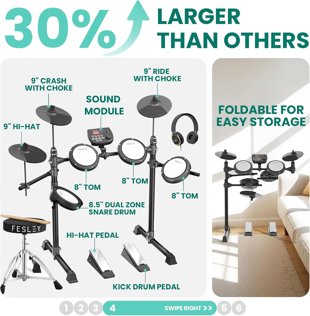 Fesley FED150 Electric Drum Set: Dual Zone Snare Drum, 2 Cymbals with Choke, 200 Sounds, 4 Quiet Mesh Drum Pads, Electronic Drum Set for Beginner, Bluetooth, MIDI, Throne, Headphone, Drum Sticks