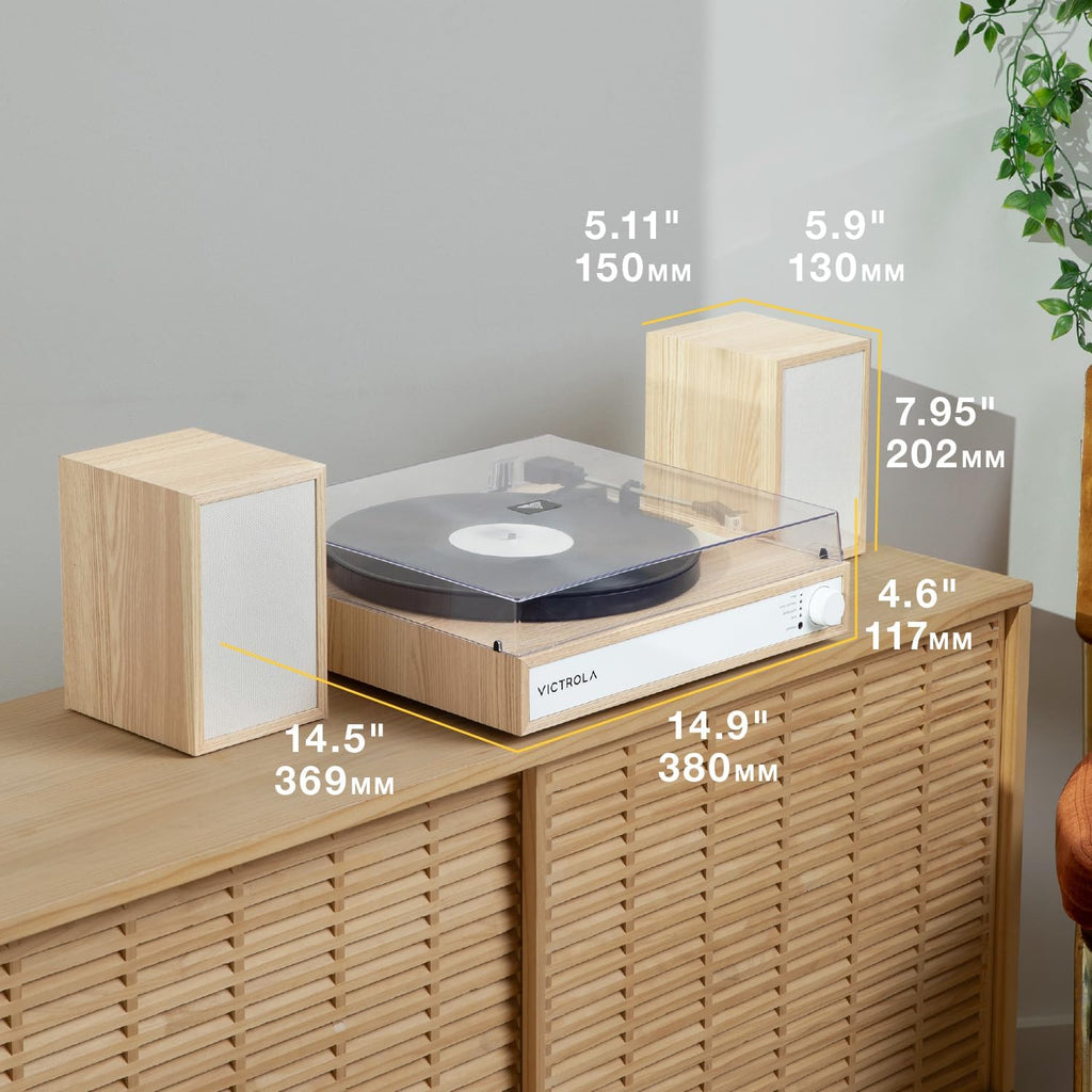 Victrola Harmony – Bluetooth Turntable System– 3-Speed Vinyl Record Player, Stereo Bookshelf Speakers, Mid-Century Modern Design, Audio Technica ATN3600L, Bluetooth Input and Output (Black)