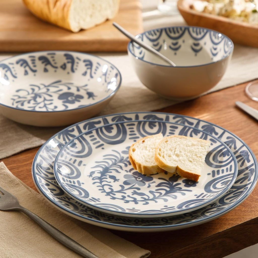 Bloomhouse - 2-Time Oprah's Favorite Things - Valencia Flor 16 Piece Dinnerware Set, Artisanal Decorated Stoneware Plates & Bowls, Service for 4, Microwave & Dishwasher Safe, Iris Blue