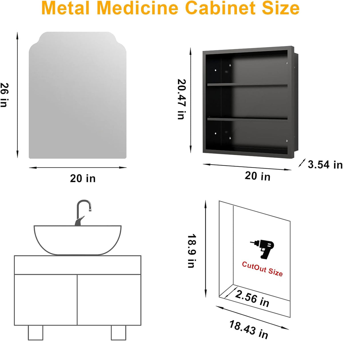 20"x26" Black Irregular Recessed Medicine Cabinet Mirror, Frameless Victorian Bathroom Decorative Mirror with Storage, Surface Mount Medicine Cabinets for Bathroom, Full Metal, 2 Removable Shelves