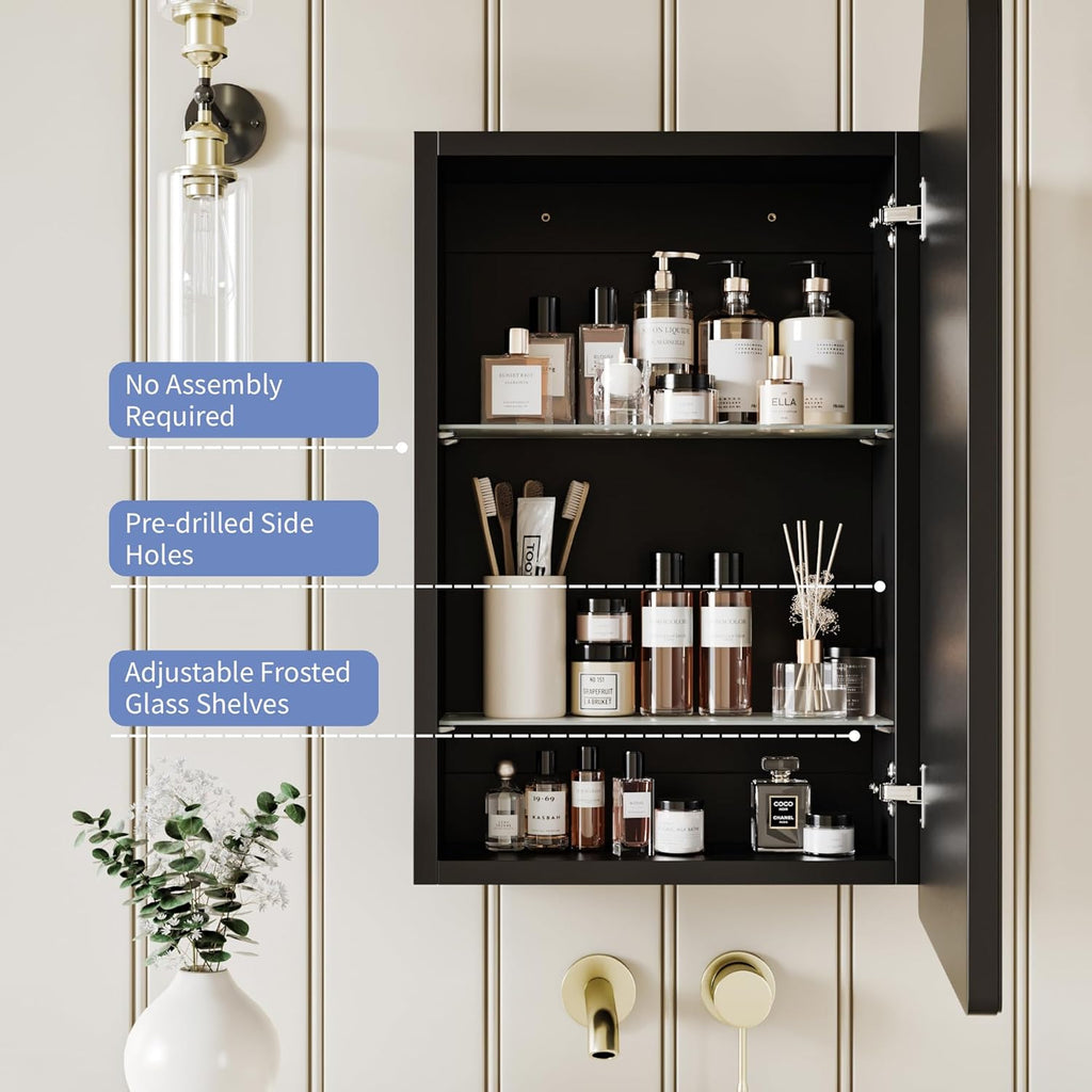 AGDULL Victorian-Style Surface Mount or Recessed Medicine Cabinet, Wood Bathroom Wall Cabinet with Arched Mirror, Black, Right-Swing Door, Overall 16.5" W x 24" H