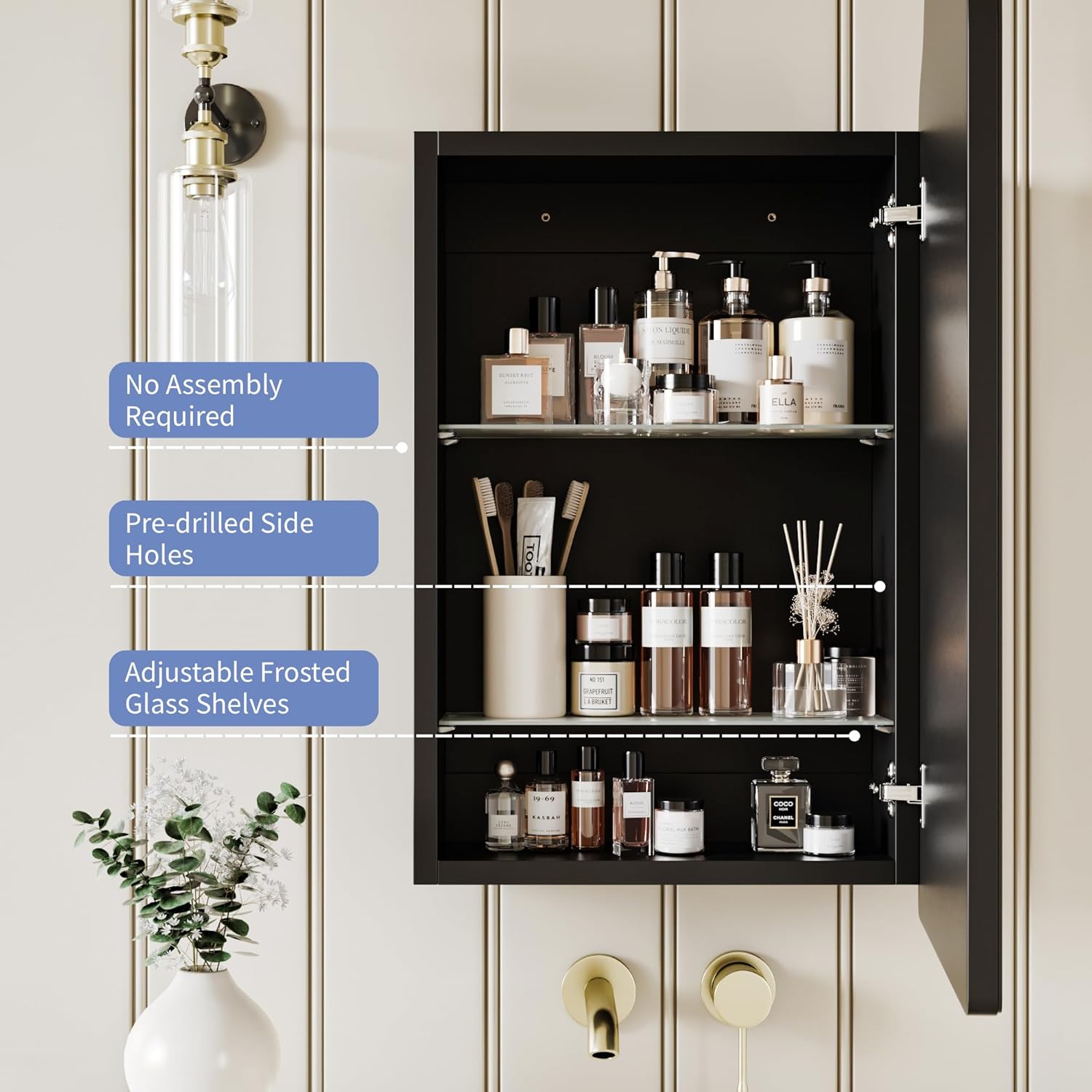 AGDULL Victorian-Style Surface Mount or Recessed Medicine Cabinet, Wood Bathroom Wall Cabinet with Arched Mirror, Black, Right-Swing Door, Overall 16.5" W x 24" H