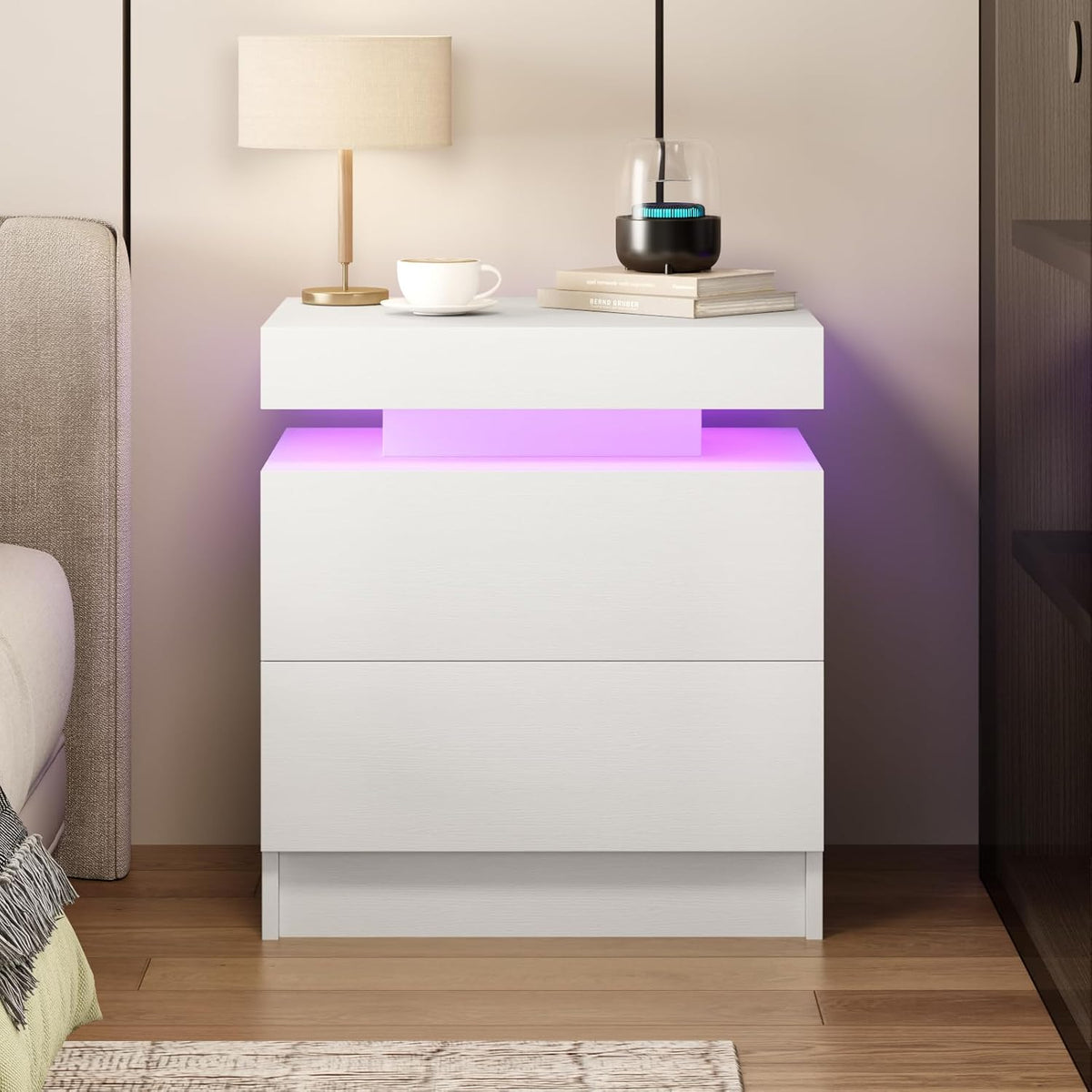 LED Nightstands Set of 2, Modern White Night Stand End Tables with APP & Remote Control LED Lighting, 2 Drawers, Open Shelf Storage, Bedside Tables for Bedroom and Living Room