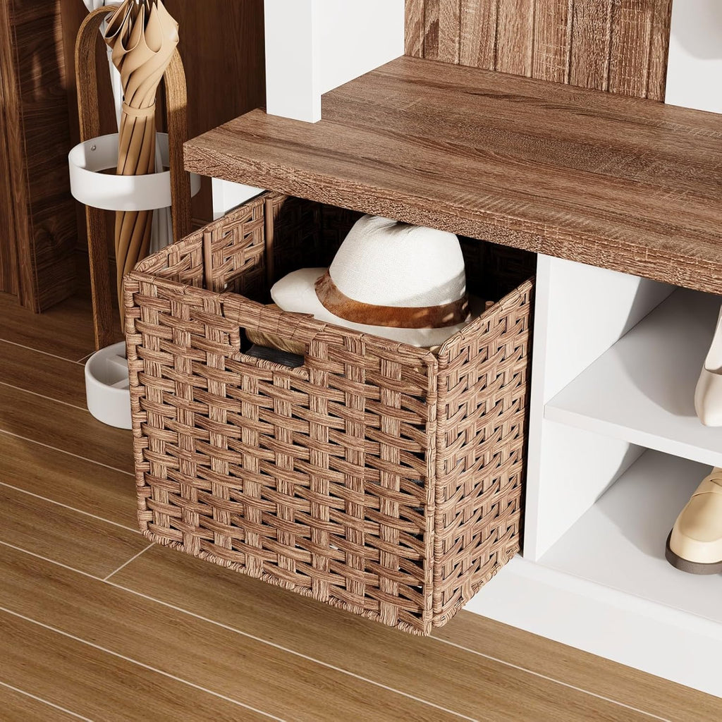 FUFU&GAGA Hall Tree with Bench and Shoe Storage, Entryway Bench with 5 Hooks, Farmhouse Arch Coat Rack with 2 Basket Drawers, Shelves for Mudroom Hallway, White & Brown, 47.2”W x 15.7”D x 66.9”H