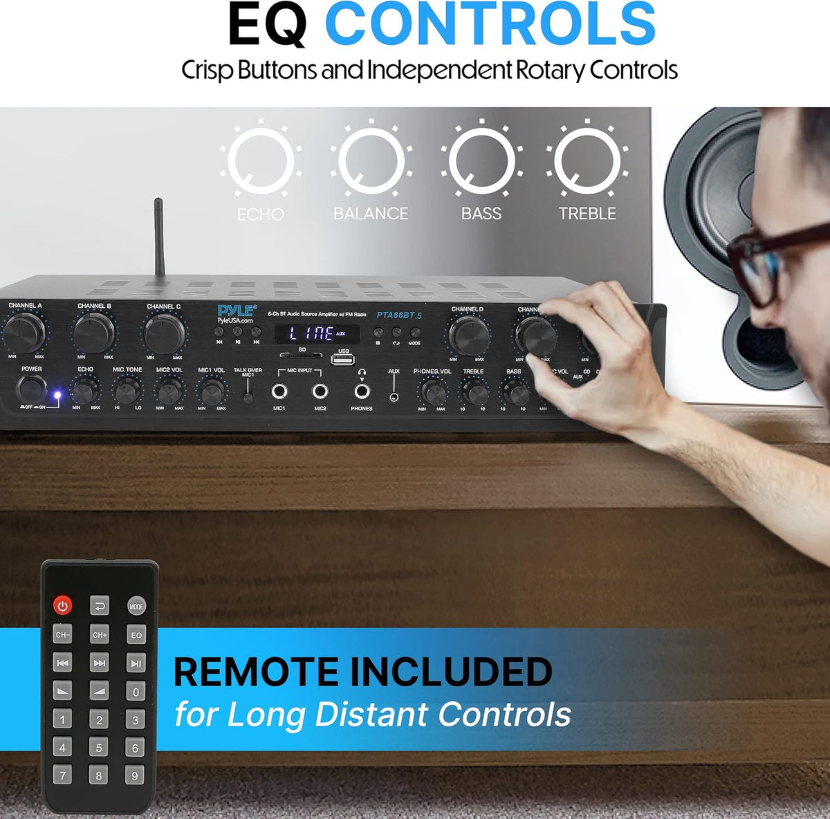 Pyle Home Audio Amplifier with Bluetooth - 6 Channel 600 Watt Peak Power, Karaoke with Echo, 2 Mic Input with Talkover, Headphone In, USB A MP3 Player with SD Reader - Home, Commercial, Worship