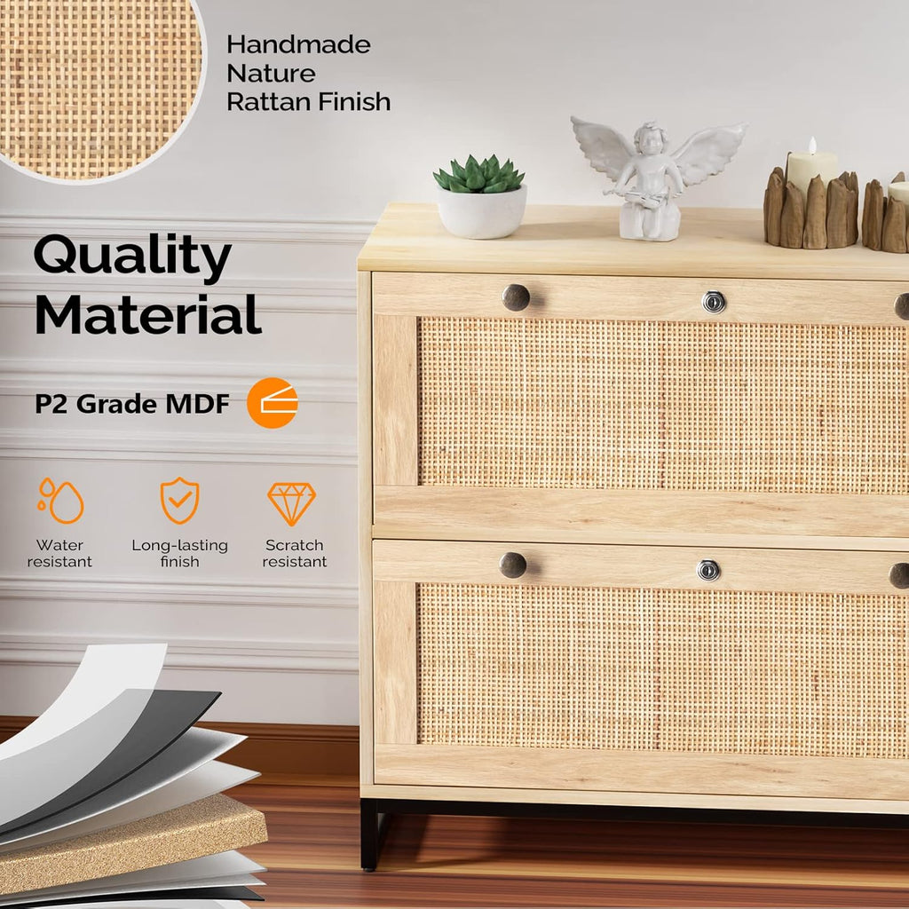VINGLI Wood Rattan 2-Drawer Lateral File Cabinet with Lock for Home Office, Lockable Filing Cabinet with Rustic Metal Handles for Hanging Letter/A4/Legal Size Labeled Folders, Oak, 30W x 16D x 28H