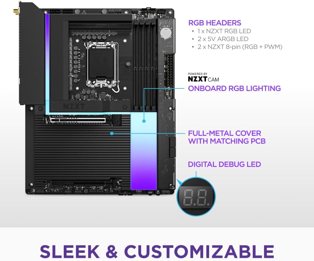 NZXT N9 Z890 - Intel Z890 LGA 1851 ATX Gaming Motherboard for Core Ultra (Series 2) - 20+1+1, DDR5, 5X M.2, PCIe 5.0, Wi-Fi 7, 5GbE, Thunderbolt 4 - RGB, Full-Metal Cover - Black