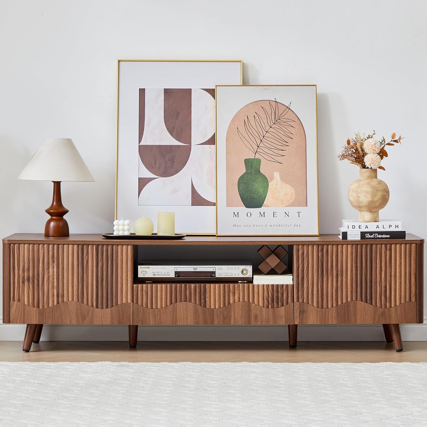 BERRYMERRY Fluted Wave TV Stand and Coffee Table Set of 2, Mid Century Modern Lift Top Coffee Table and Entertainment Center for Living Room (Walnut)