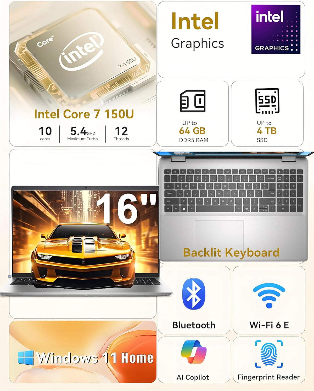 Dell 16 Touchscreen Laptop for Business & Home Student, Intel Core 7 150U Processor, AI Copilot+ PC, 16GB DDR5 RAM, 512GB PCIe SSD, WiFi 6E, Fingerprint, Backlit KB, Office 365, Windows 11 Home