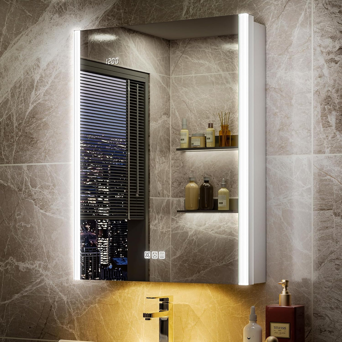 Lighted Medicine Cabinet Mirror with Lights & Smart Night Lamp -20x26 Surface or Recessed Medicine Cabinet Mirror with Outlet & Clock,Fogless Dimmable LED Storage Mirror,Built-in Sensor Light
