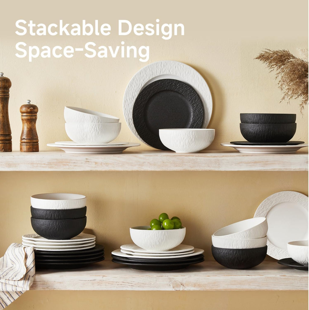 KINGSTONE Dinnerware Sets, 12-Piece Premium Porcelain dishes set, Matte Marble Pattern Plates and Bowls Sets for 4, Place Setting with Dinner Plate, Salad Plate, Pasta Bowl (Black)