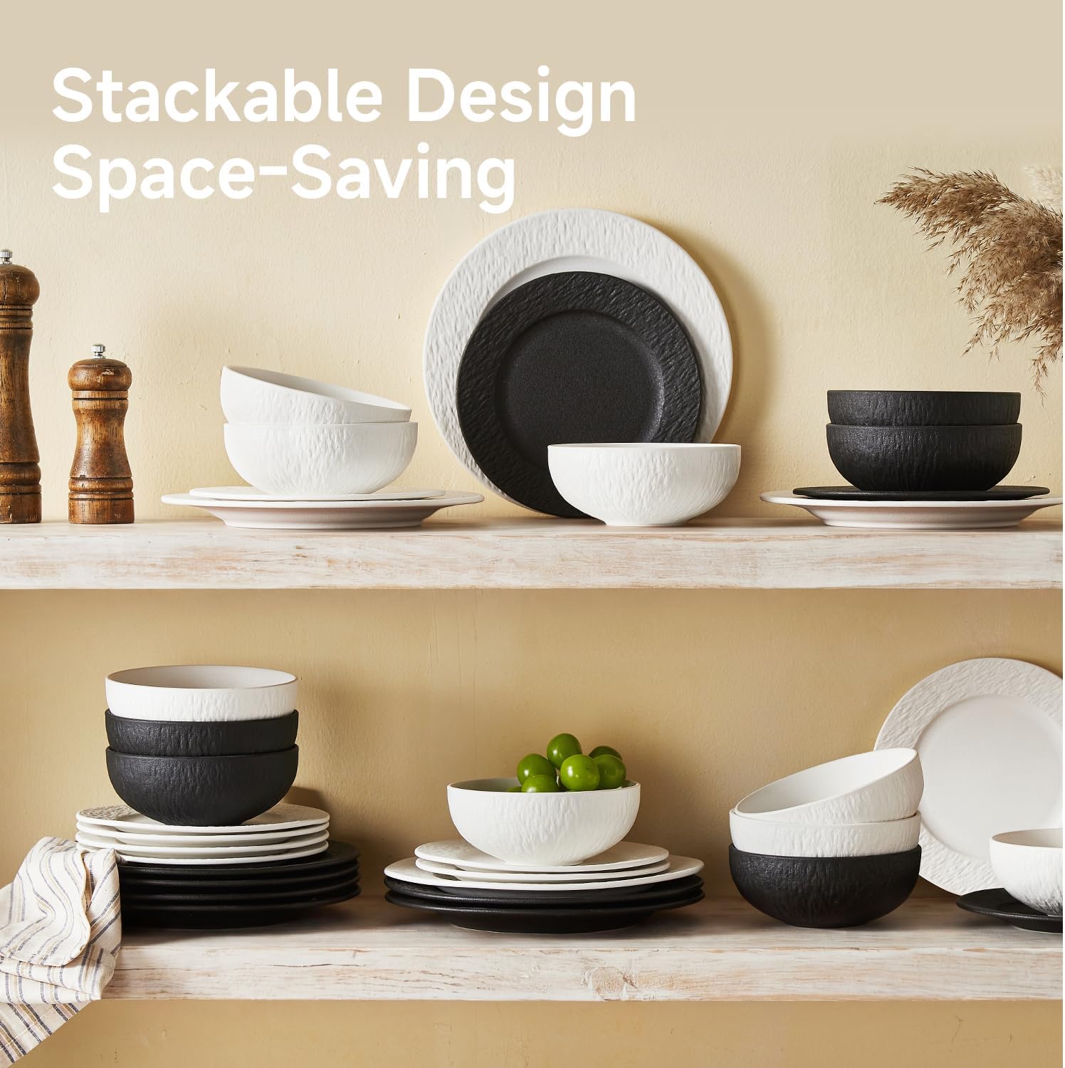 KINGSTONE Dinnerware Sets, 12-Piece Premium Porcelain dishes set, Matte Marble Pattern Plates and Bowls Sets for 4, Place Setting with Dinner Plate, Salad Plate, Pasta Bowl (Black)