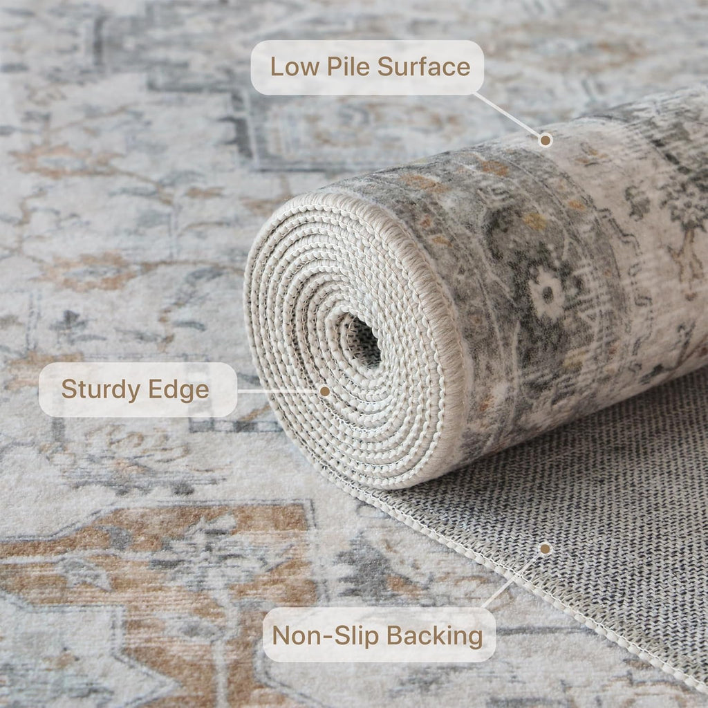GENIMO 8x10 Area Rugs for Living Room, Machine Washable Non Slip Vintage Rugs, Low Pile Lightweight Chenille Print Rug for Bedroom, Dining Room, Home Office, Light Taupe Brown