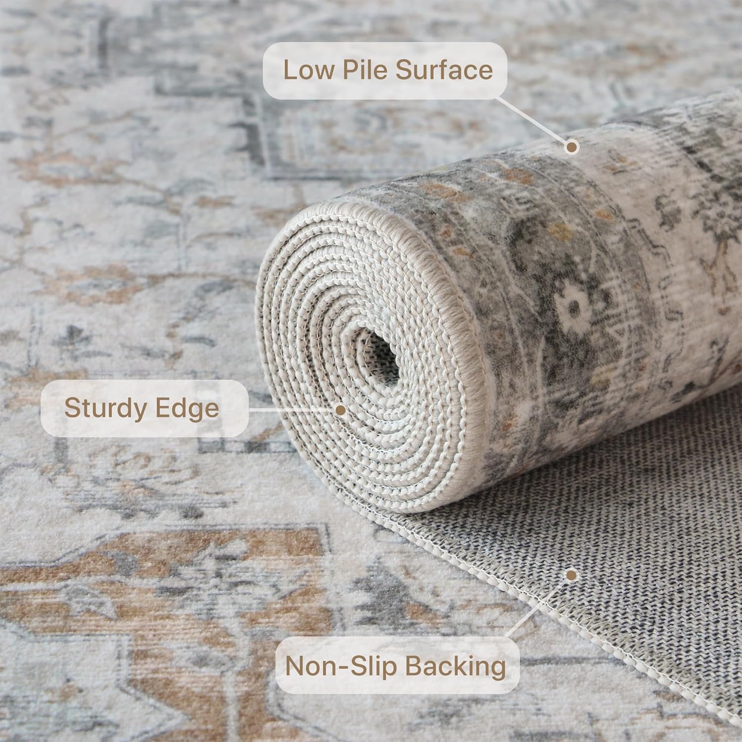 GENIMO 8x10 Area Rugs for Living Room, Machine Washable Non Slip Vintage Rugs, Low Pile Lightweight Chenille Print Rug for Bedroom, Dining Room, Home Office, Light Taupe Brown
