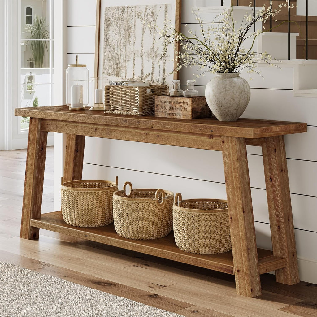 LITTLE TREE 70.9" Solid Wood Console Table for Entryway, 2-Tier Sofa Table Behind Couch, Farmhouse Entryway Table for Living Room, Bedroom, Foyer, Brown