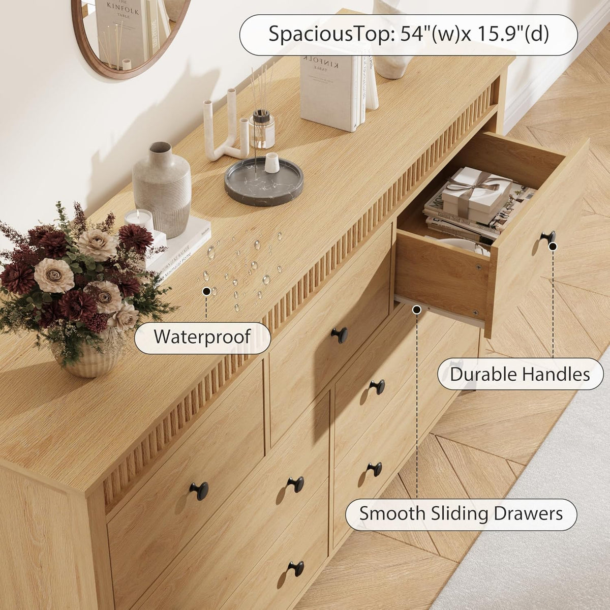 GarveeHome 7 Drawer Dresser for Bedroom, 54" Wide Fluted Wooden Chest of Drawers, Modern Long Storage Dresser Organizer for Living Room, Hallway, Entryway, Natural Oak