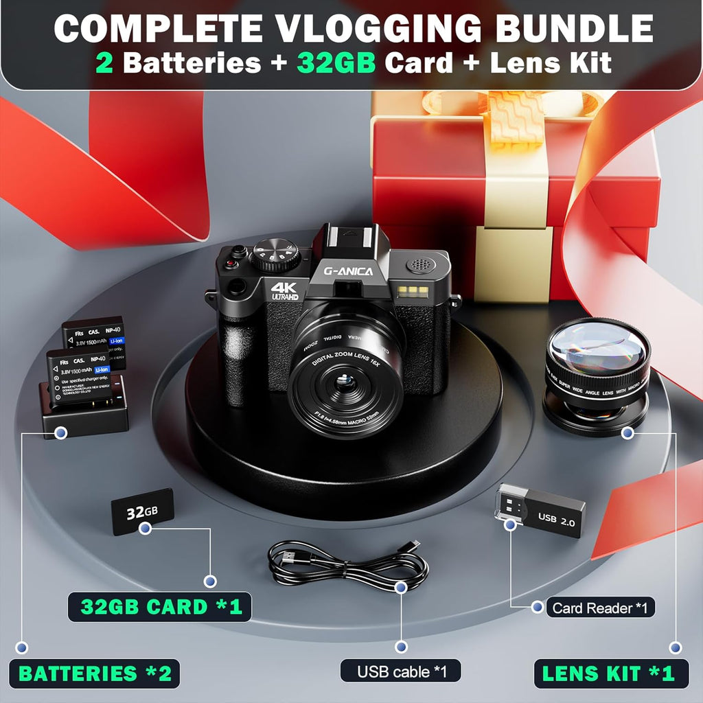 G-Anica 4K Vlogging Camera with Detachable Macro & Wide Lens Kit - WiFi & App Control, Supports Up to 48MP Photos, Compact Digital Cam for Beginners, 16X Zoom & Anti-Shake (32GB Card Included)