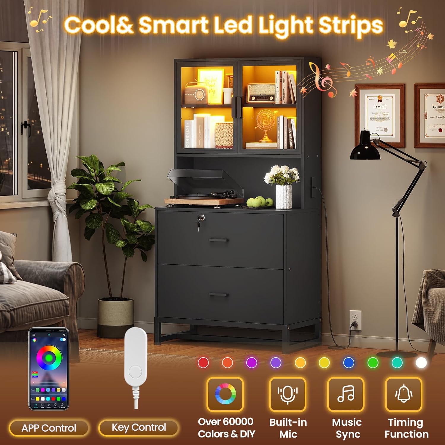 SEDETA 2 Drawer File Cabinet with Lock & Charging Station, Filing Cabinet Fits Letter, Legal, A4 Size, Wood File Cabinets for Home Office with Bookshelf, Printer Stand with Storage Shelf, Black