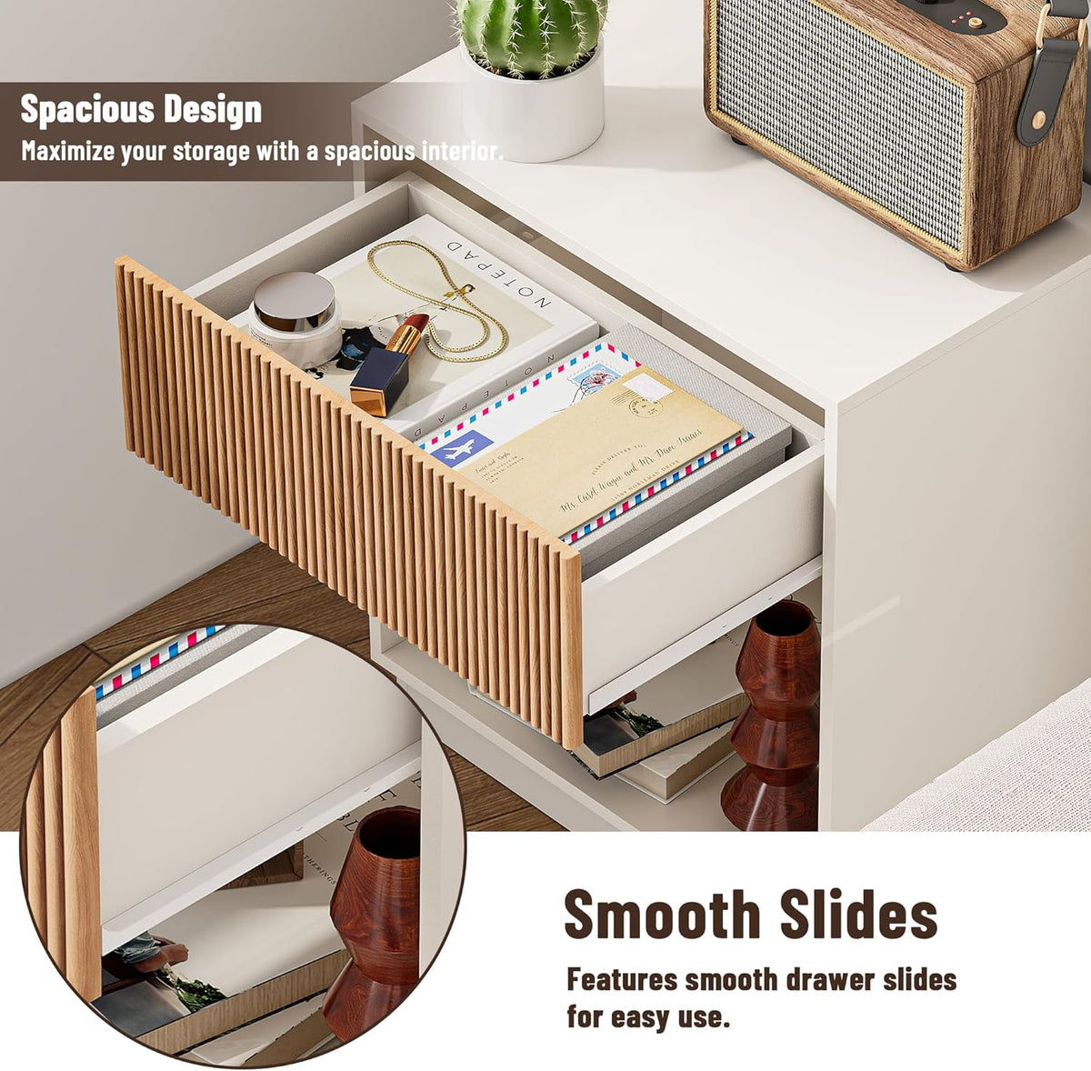 Fluted Nightstands Set of 2, Modern Bedside Table with Drawer and Storage Shelf, Wood End Table Mid Century Night Stands for Bedroom Living Room Sofa Couch Office (White+Oak)