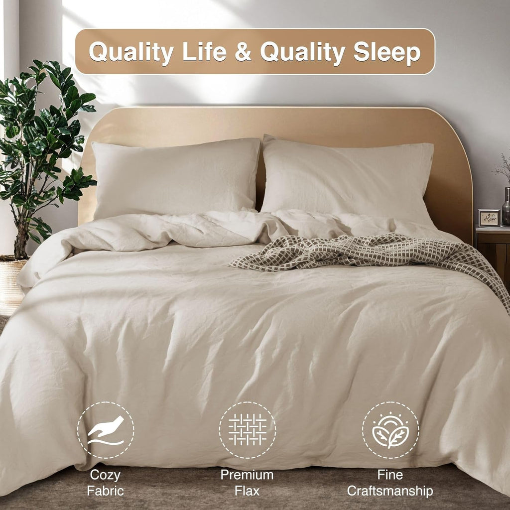 SONORO KATE 100% French Linen Duvet Cover Queen Size, Soft Breathable for Hot Sleepers, Moisture Wicking & Durable Cover Set - Zipper Closure & 4 Corner Ties Duvet Covers 3 Piece (Linen,Queen)